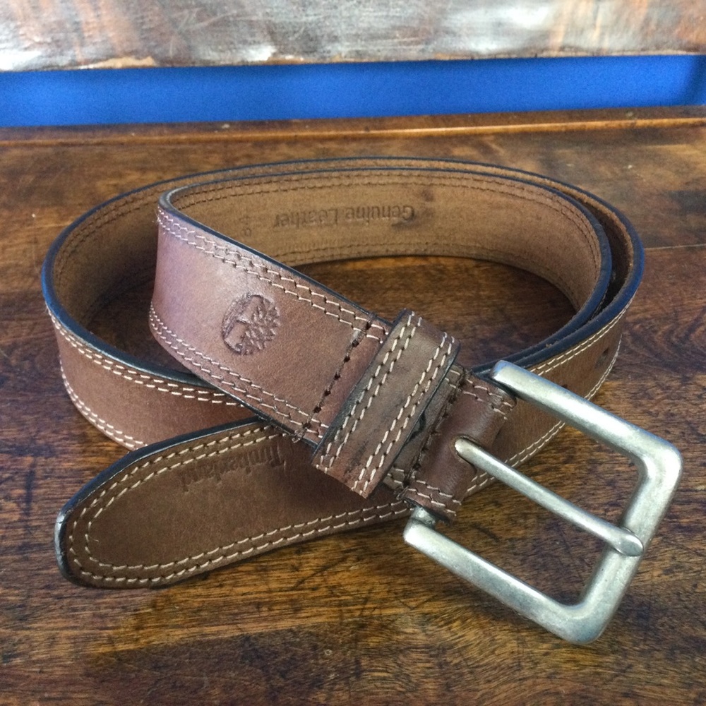 Timberland Brown Leather Men's Belt 34 Silver Metal Buckle